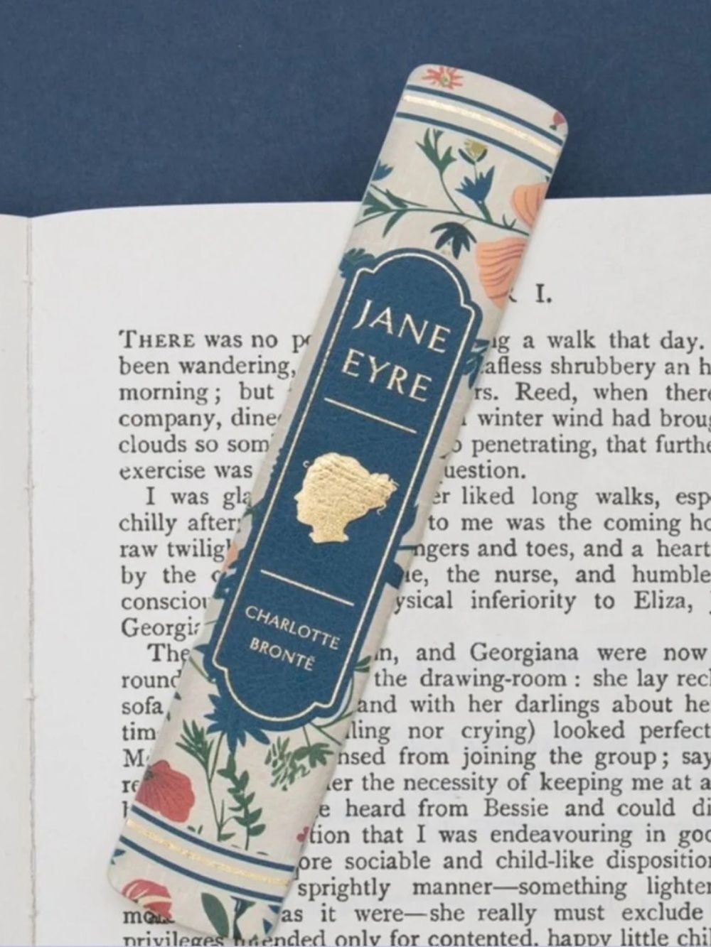 Portico Designs JANE EYRE Faux Leather Book Spine Bookmark Teal Blue Floral